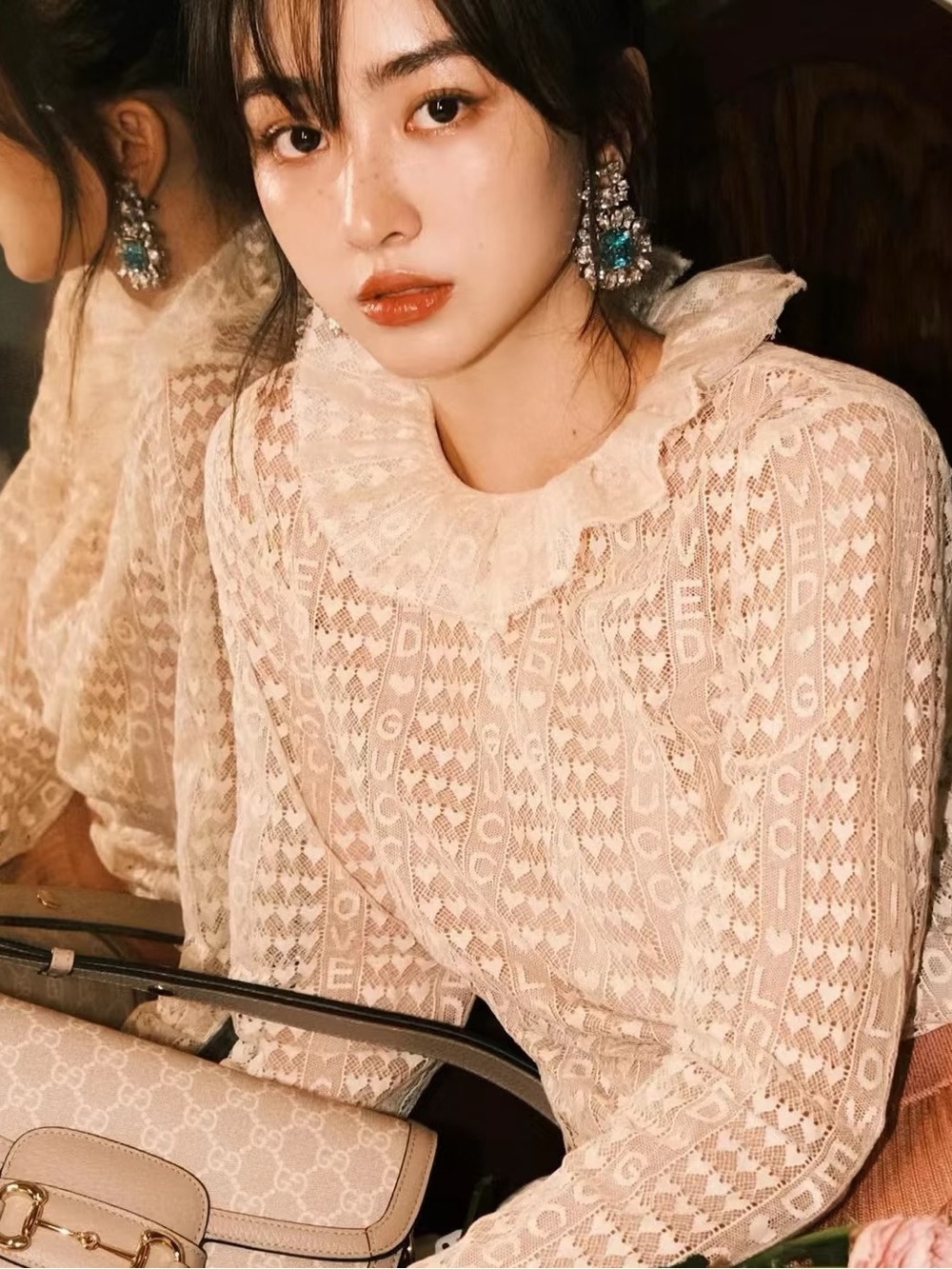 🚩steal Gucci Blush Beige Satin-Trim Lace Top - Picture 4 of 5